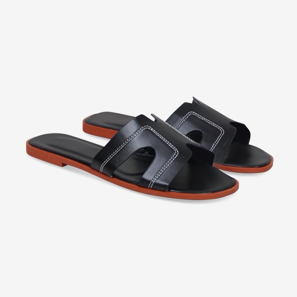 Women’s Oran H Open Toe Flat Sandals in Black Faux Leather - US 10 / EU 41